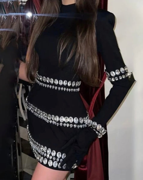 Women Sexy Long Sleeve Black Crystal Rhinestone Dress