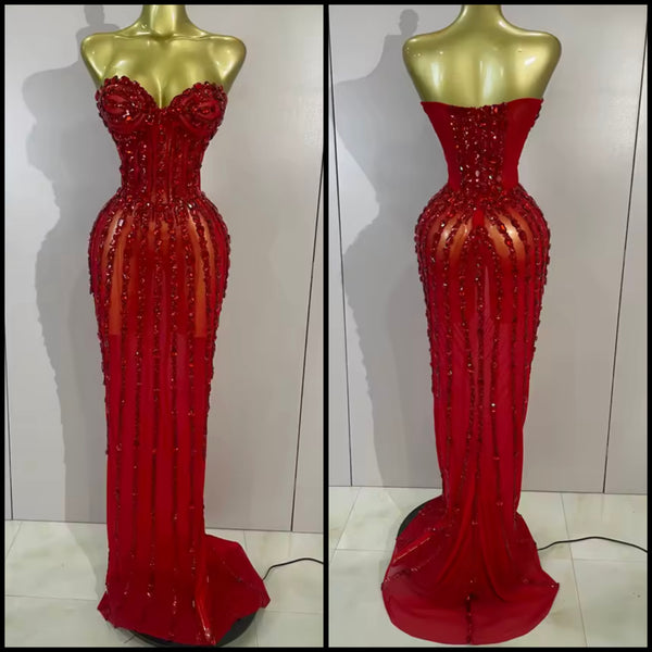 Women Sexy Strapless Rhinestone Mesh Maxi Dress