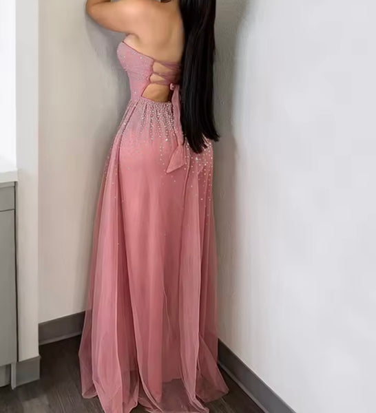 Women Strapless Rhinestone Tulle Sexy Maxi Dress