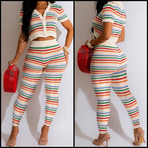 Women Fashion Button Up Short Sleeve Striped Two Piece Pant Set