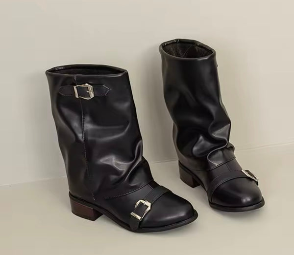 Women Fashion Round Toe Buckled Faux Leather Flat Ankle Boots