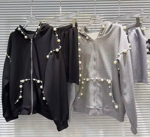 Women Zip Up Hooded Beaded Pearl Two Piece Skirt Set