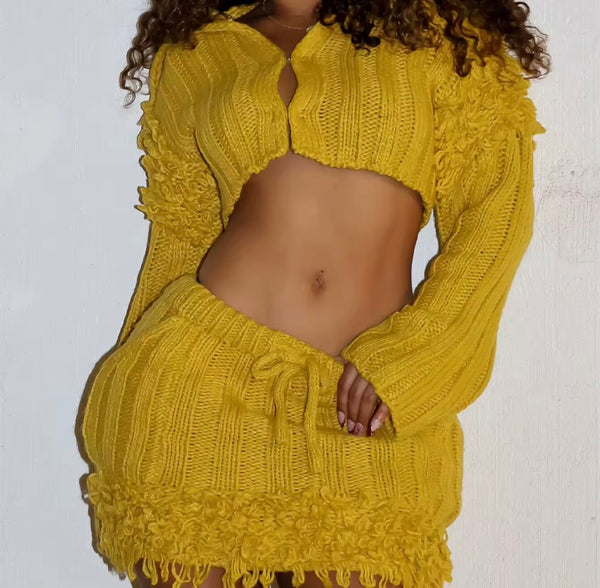 Women Sexy Knitted Fringe Full Sleeve Two Piece Skirt Set