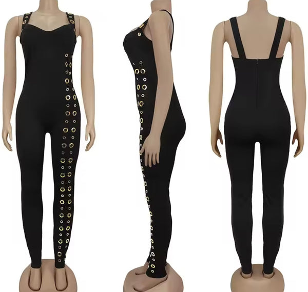 Women Color Sleeveless Metal Ring Fashion Jumpsuit