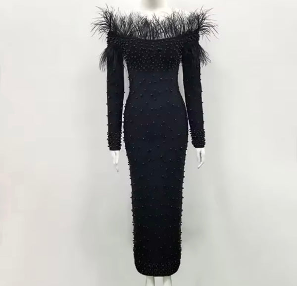 Women Sexy Solid Color Off The Shoulder Beaded Feather Maxi Dress