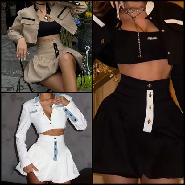 Women Color Patchwork Button Up Two Piece Fashion Skirt Set