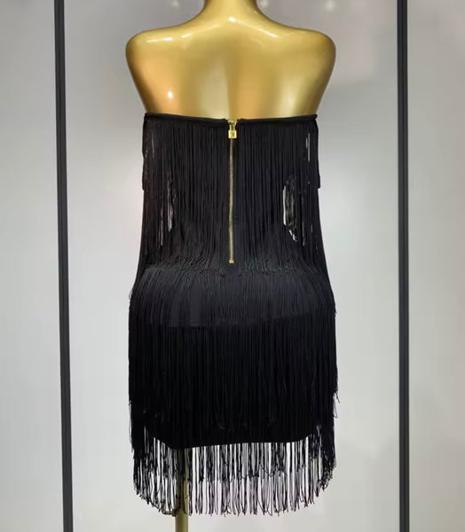 Women Sexy Strapless Solid Color Fringe Tassel Dress