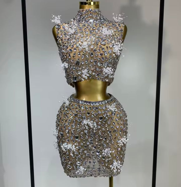 Women Pearl Rhinestone Mesh Sleeveless Sexy Two Piece Skirt Set