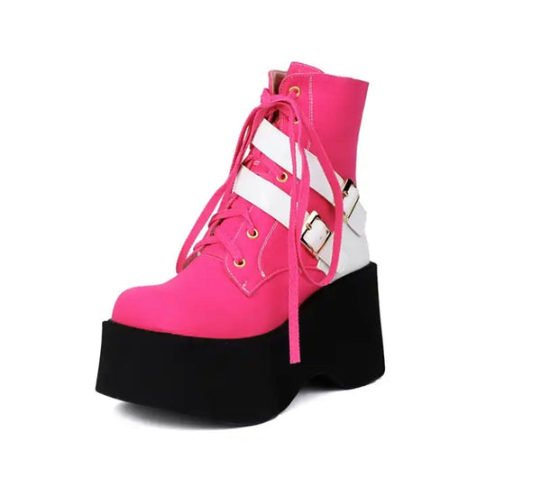 Women Fashion Color Patchwork Buckled Platform Ankle Boots