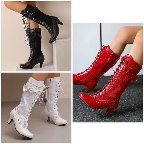 Women Fashion Lace Bow Faux Leather Lace Up Boots