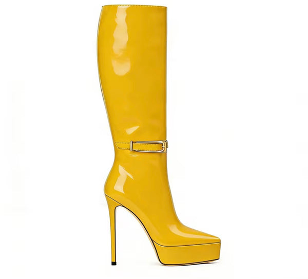 Women Pointed Toe Platform Buckled Knee Length High Heel Boots