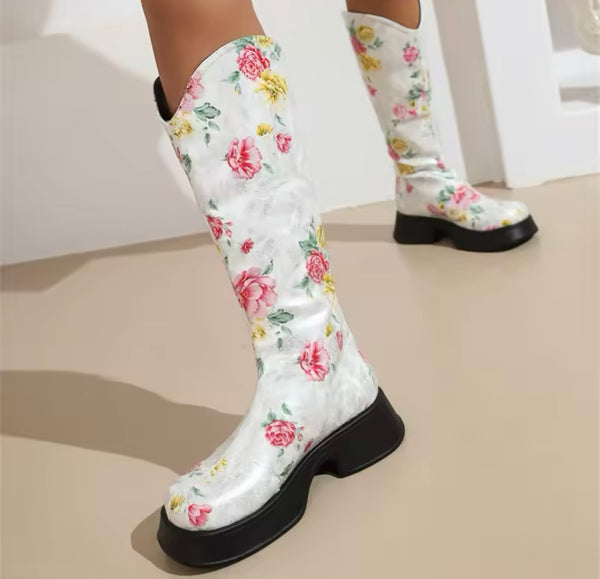 Women Fashion Color Floral Knee High Boots