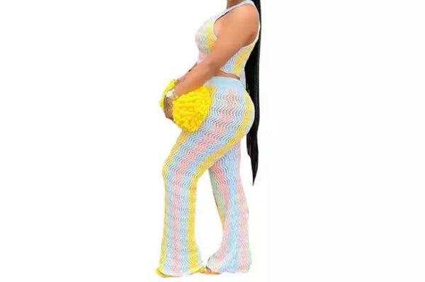 Women Fashion Colorful Sleeveless Two Piece Knitted Pant Set