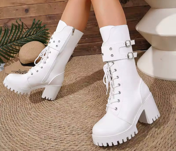 Women Fashion Tie Up Double Buckle Zip Up Ankle Boots
