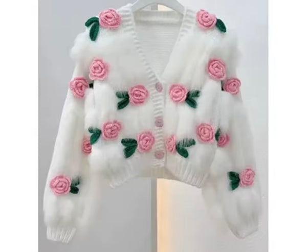 Women Fashion 3D Floral Furry Button Up Sweater Top