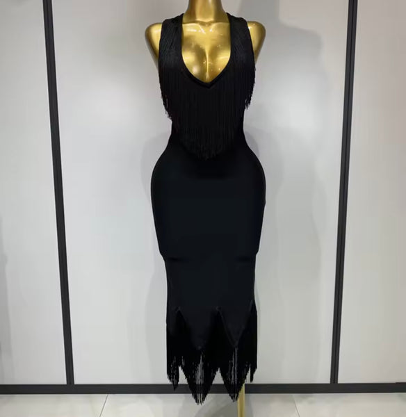 Women Sexy Sleeveless Fringe Tassel Maxi Dress