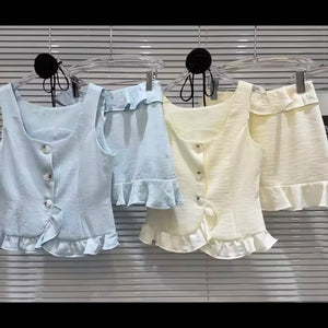 Women Sexy Button Up Ruffled Sleeveless Two Piece Skirt Set