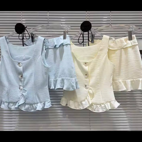 Women Sexy Button Up Ruffled Sleeveless Two Piece Skirt Set