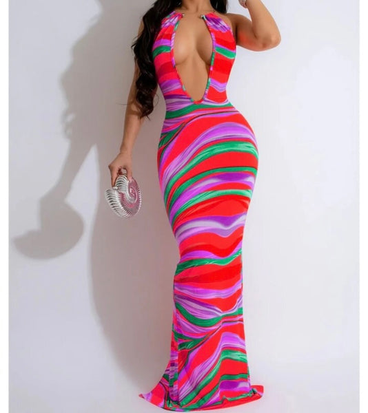 Women Sexy Sleeveless Metal Halter Multicolored Maxi Dress