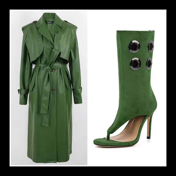 Women Green Faux Leather Fashion Long Trench Jacket