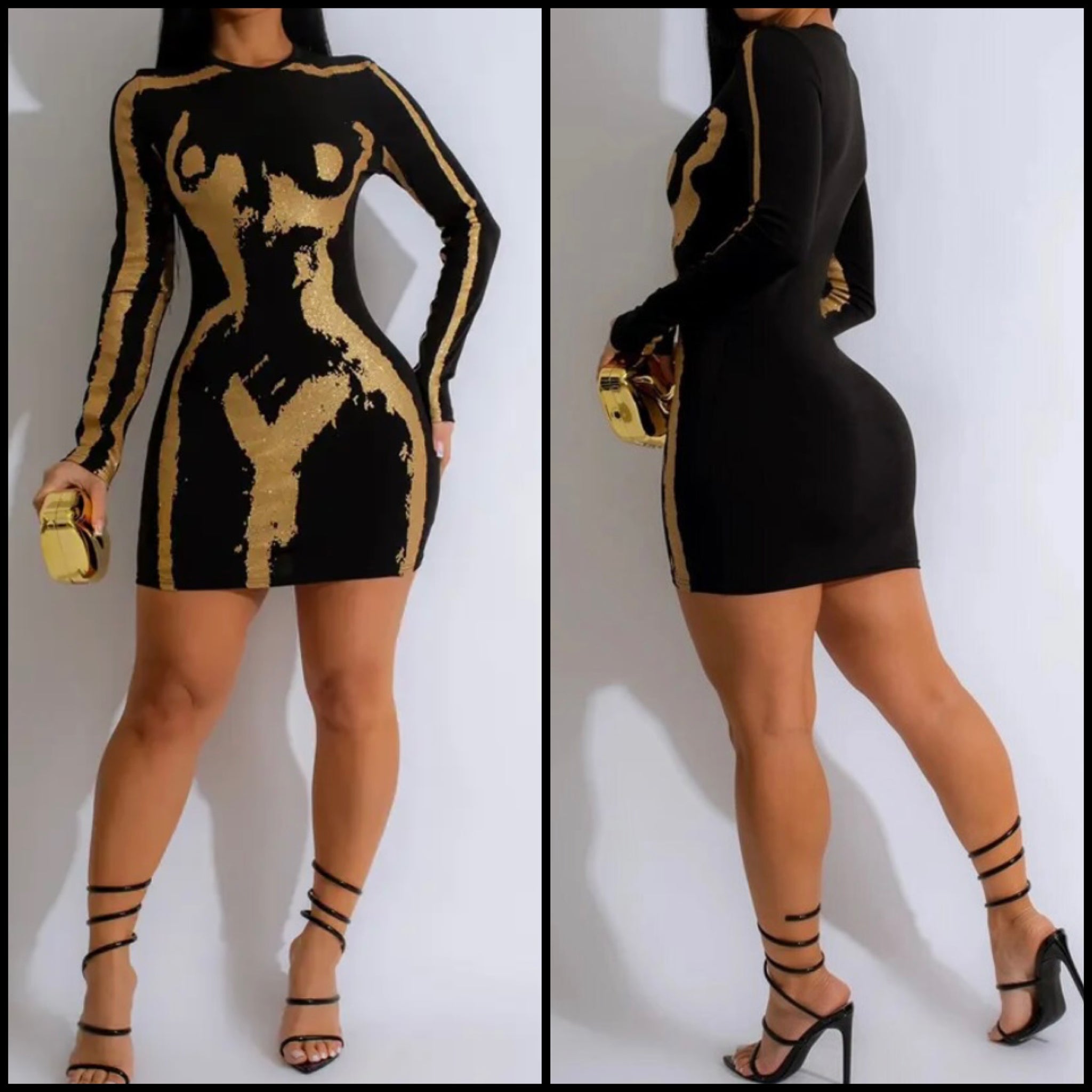 Women Sexy Black Gold Print Full Sleeve Dress