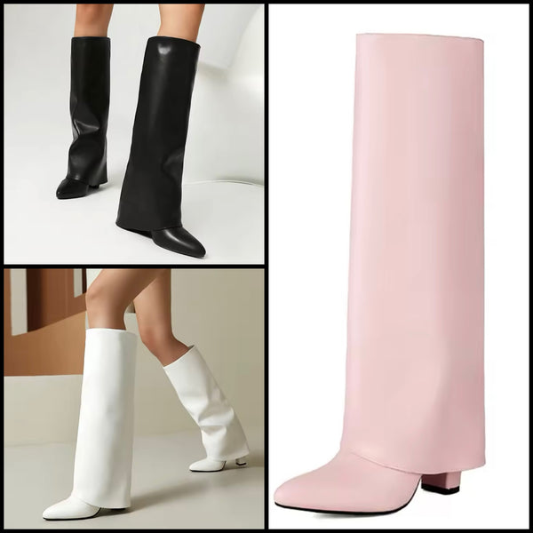 Women Color Pointed Toe Faux Leather Knee High Boots
