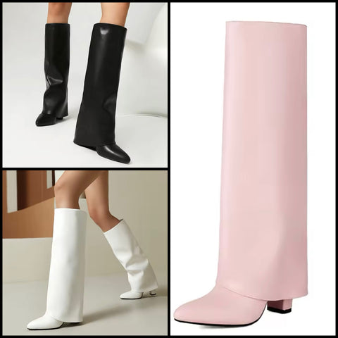 Women Color Pointed Toe Faux Leather Knee High Boots