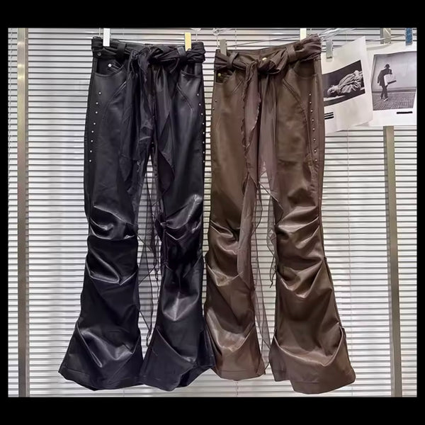 Women Fashion Rivet Faux Leather Ruched Pants