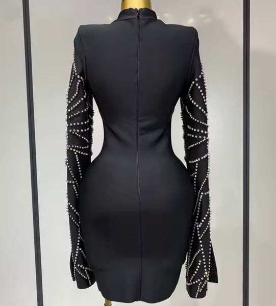 Women Sexy Black Rhinestone Full Sleeve Dress