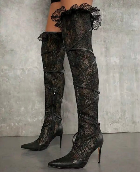 Women Pointed Toe Black Ruffled Lace Over The Knee Boots