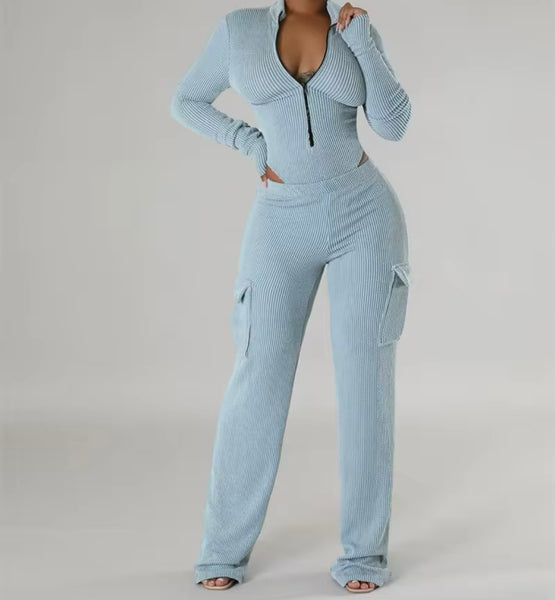 Women Color Ribbed Zip Up Full Sleeve Bodysuit Two Piece Pant Set