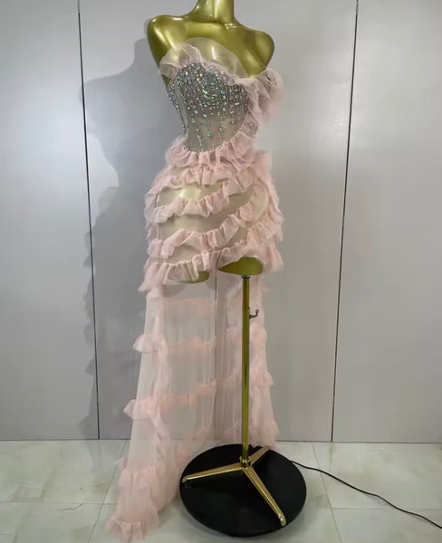 Women Sexy Pink Strapless Ruffle Rhinestone Asymmetrical Dress