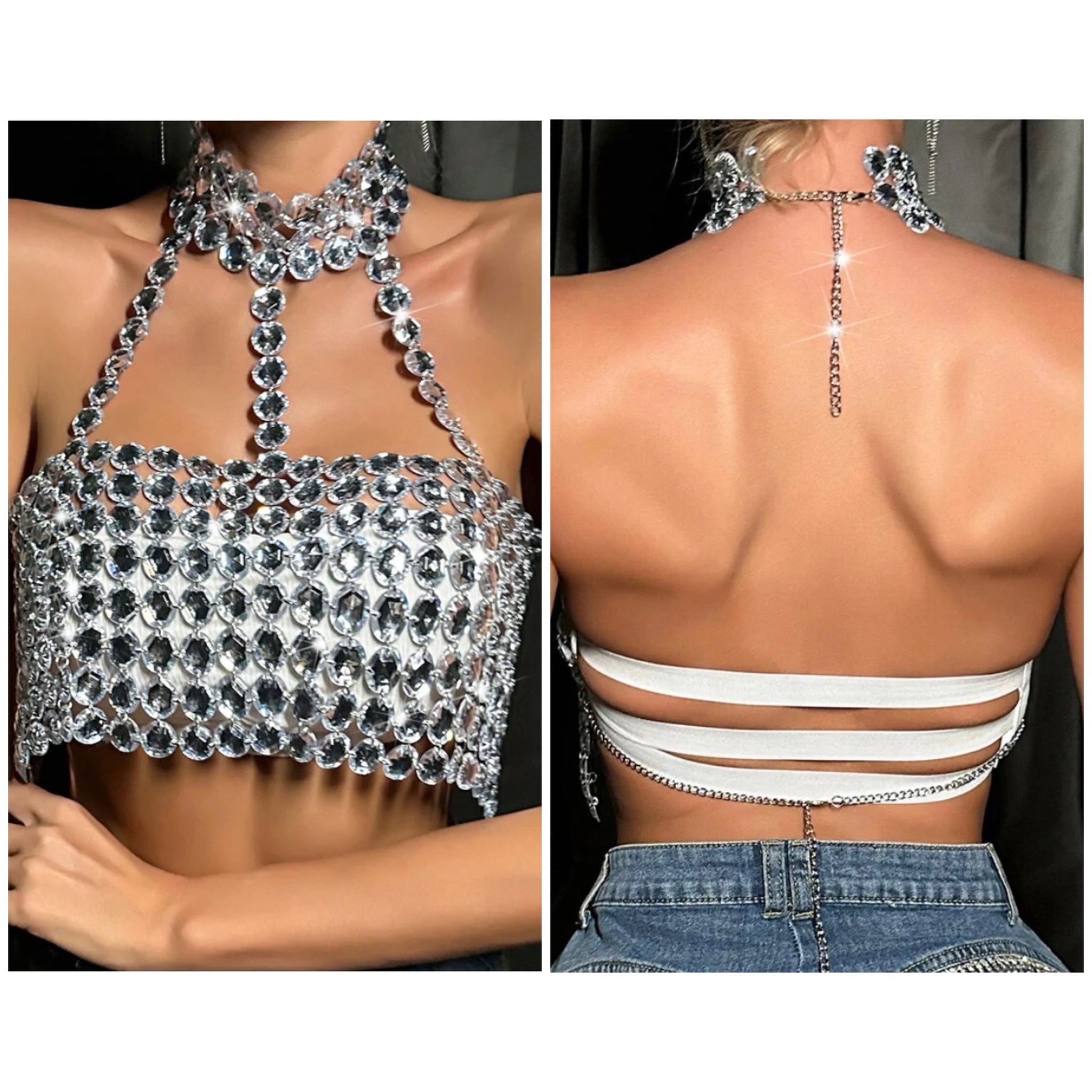 Women Sexy Fashion Halter Rhinestone Sleeveless Crop Top