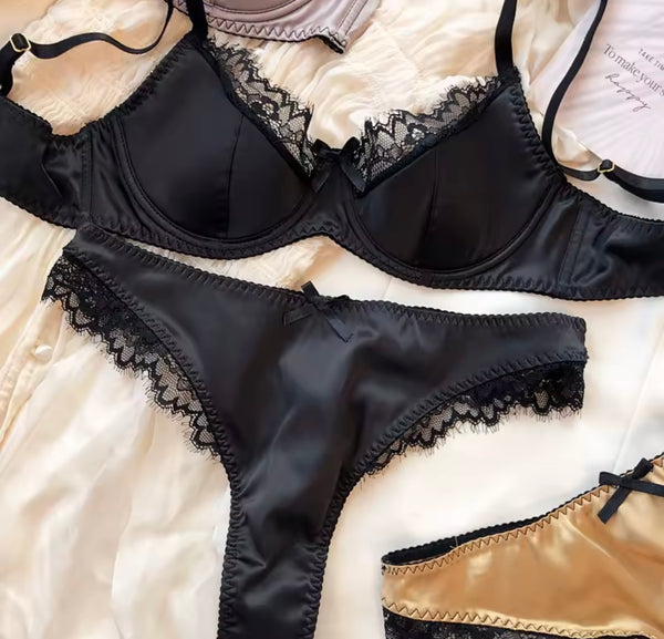 Women Sexy Satin Lace Bow Lingerie Set