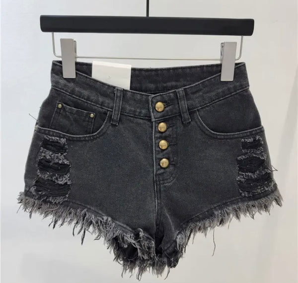 Women Ripped Fringe Button Up Denim Shorts