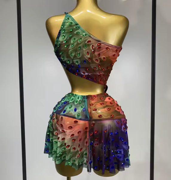 Women Colorful One Shoulder Sleeveless Rhinestone Dress