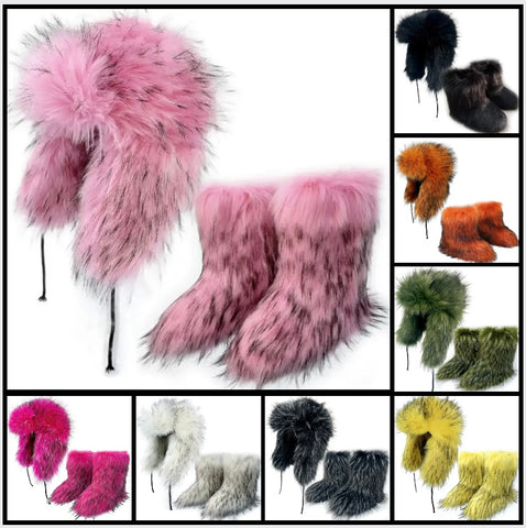 Women Fashion Color Faux Fur Ankle Boots Hat Set
