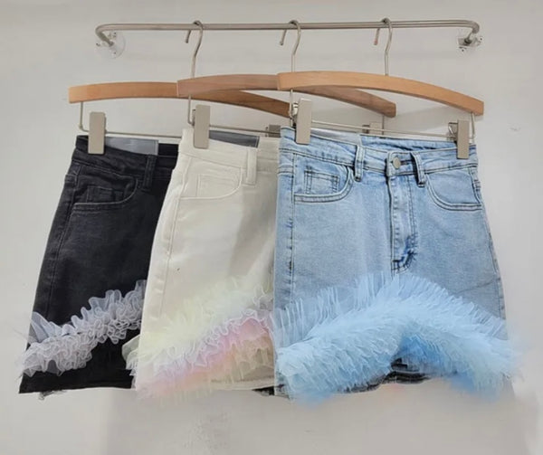 Women Fashion Ruffled Mesh Patchwork Denim Skirt
