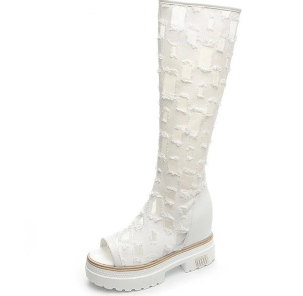 Women Open Toe Mesh Patchwork Fashion Platform Knee High Boots