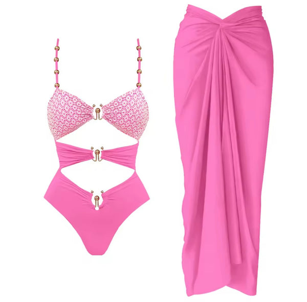 Women Sexy Color Printed Metal Cut Out Swimsuit Cover Up Set