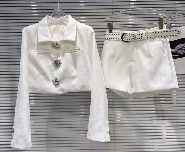 Women White Quilted Bling Button Up Blazer Two Piece Short Set