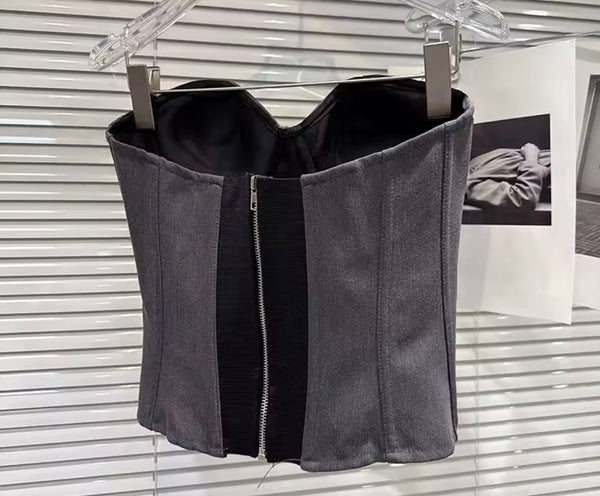 Women Button Up Strapless Sexy Two Piece Gray Skirt Set