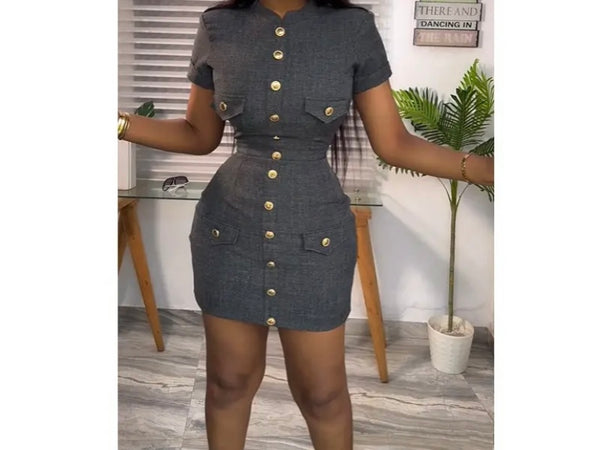 Women Sexy Fashion Short Sleeve Button Up Pocket Dress