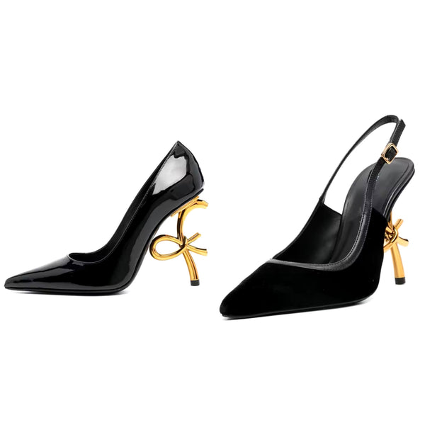 Women Pointed Toe Suede/Patent Leather Gold Heel Pumps