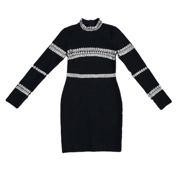Women Sexy Long Sleeve Black Crystal Rhinestone Dress