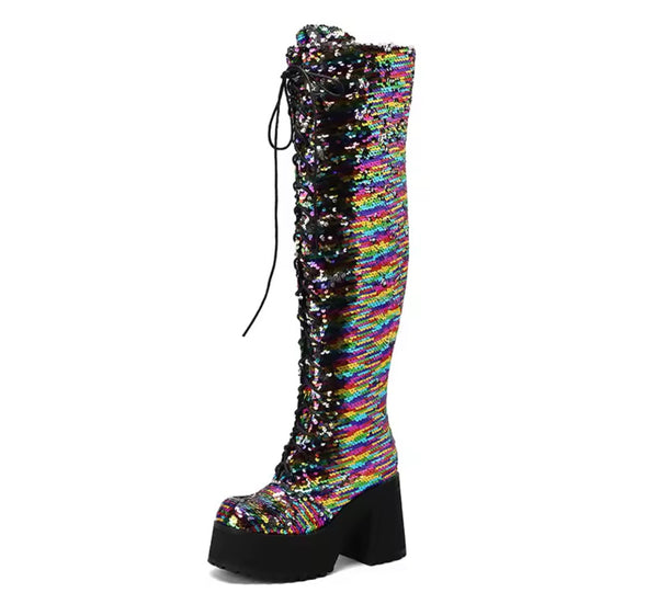 Women Fashion Platform Sequins Lace Up Knee High Boots