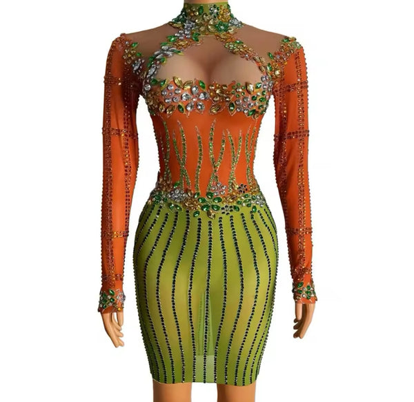 Women Sexy Rhinestone Color Patchwork Full Sleeve Mesh Dress