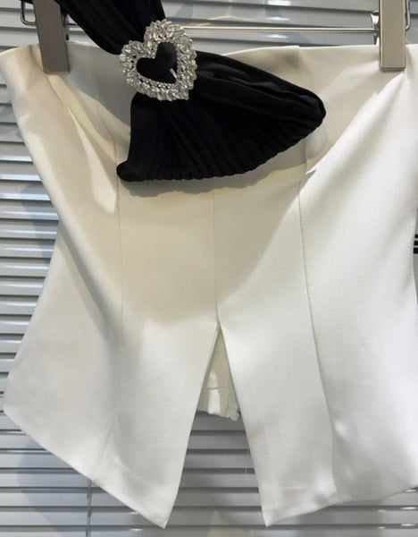 Women Sexy Strapless B&W Bling Bow Crop Top