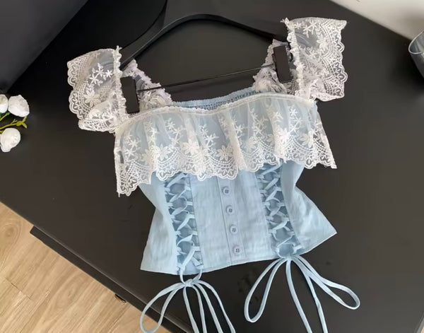 Women Lace Patchwork Tie Up Sleeveless Tank Top