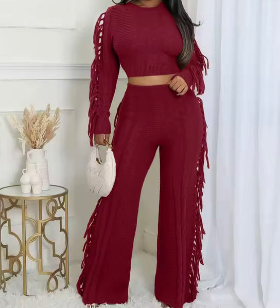 Women Fringe Fashion Full Sleeve Sweater Two Piece Pant Set